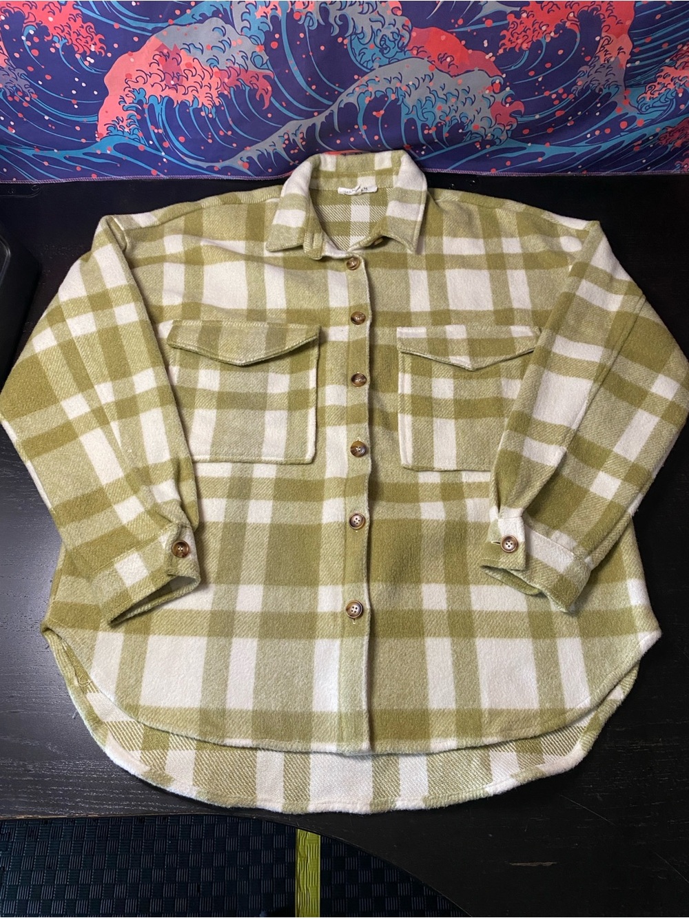 12th Tribe Olive and White Plaid Teddy Shacket
